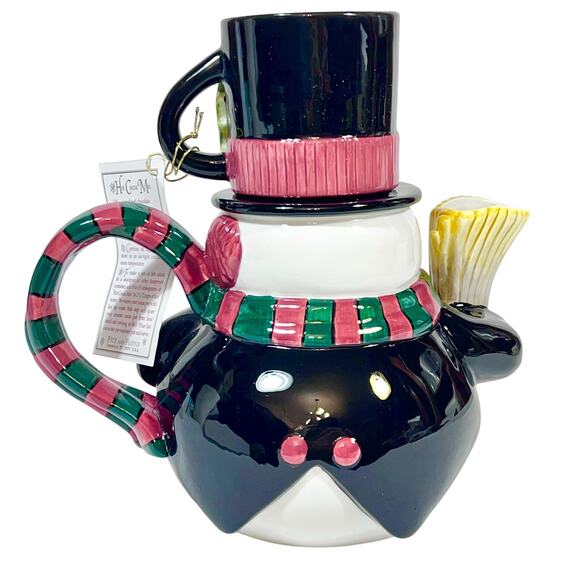 Fitz and Floyd Snowman Cocoa Pot and Cup Snack Therapy Cocoa Tea Set For One New - Picture 2 of 9